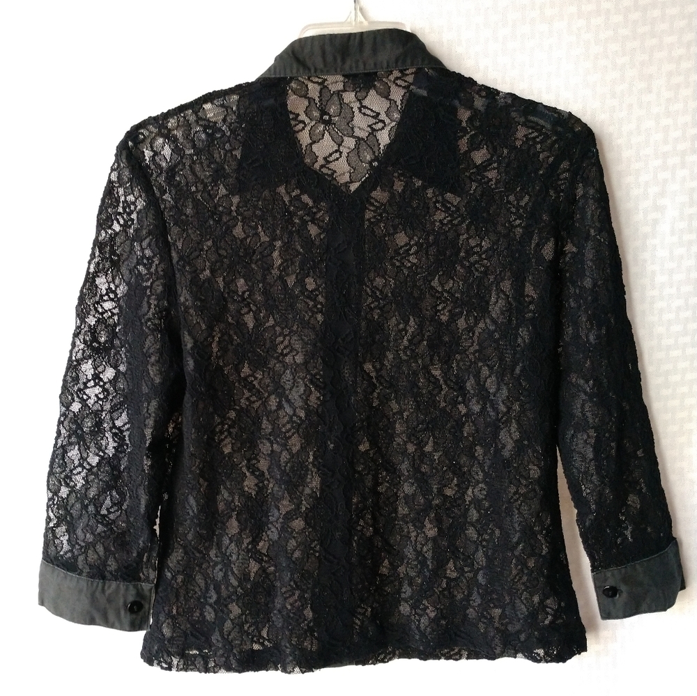 Unique Black Lace Blouse Shirt Sheer See Through Juniors Large Chest 34" - Picture 5 of 5